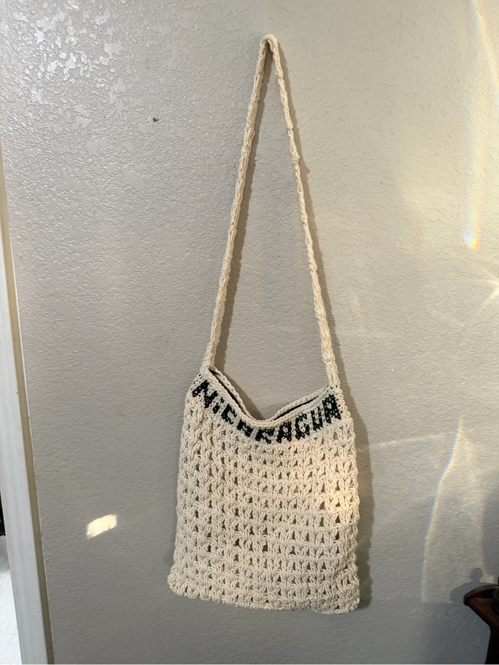 Cream Crochet Tote Bag with Black Accent Text